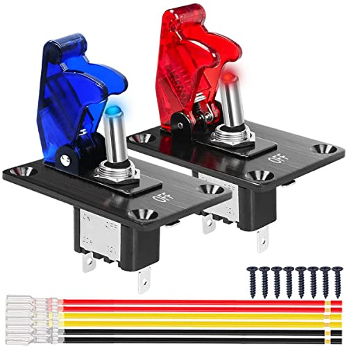 MKBKLLJY 2 Sätze Wippschalter Panel mit 12V 20A Heavy Duty Racing Car Automotive Auto 3Pin SPST ON/Off Toggle Switch Rot/Blau LED Licht beleuchtet Wasserdicht Sicherheit Abdeckung Jumper Drähte