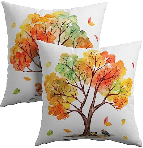 Herbstbaum-Kissenbezüge, 45,7 x 45,7 cm, Herbst-Kissenbezüge, Baumwollleinen, Set mit 2 bunten Bäumen, Aquarellfarben, Eichhörnchen, Vögel, Kissenbezug, orangefarbene Blätter, Pflanzen, Kissenbezüge