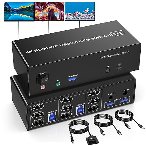2 Displayport + HDMI USB 3.0 KVM Switch 3 Monitors 2 Computers, 4K@60Hz Triple Monitor KVM With Audio Microphone Output and 3 USB 3.0 Ports, KVM triple monitor Keyboard Mouse Switcher