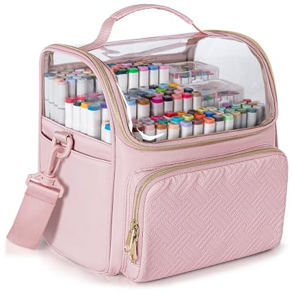 Rexmica Large Marker Organizer Case for 180 Markers, Marker Storage Bag for Markers, Paint Brushes, Colored Pencils or Other Art Supplies with Dividers and Shoulder Strap, Pink (Patented Design)