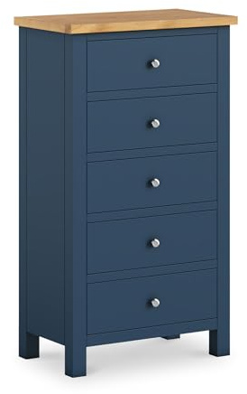 RoselandFurniture Farro XL Navy Blue 5 Drawer Tallboy for Bedroom | Fully Assembled, Wooden Storage with Oak Top, Painted Finish, Contemporary Style, H122cm W70cm D40cm