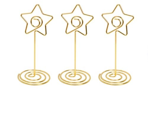 Wambere Lot de 10 porte-photos en métal pour cartes de menu, numéro de table, porte-cartes postales, mariage, cartes de table, étiquettes de siège, décoration de table, pentagramme doré 85 mm