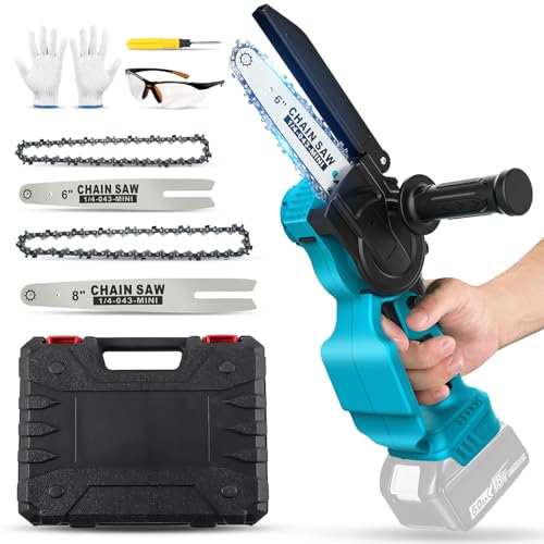 Roadtime Mini motosierra de batería compatible con batería Makita de 18 V, 6-8',sin escobillas,motosierra eléctrica con cadena, guantes, gafas, destornillador, motosierra manual para ramas de árboles