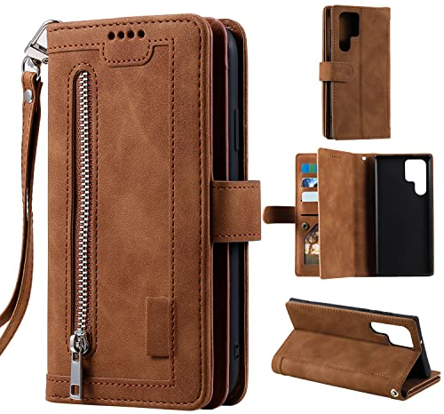 EYZUTAK Handyhülle für Samsung Galaxy S24 Ultra,Flip Case Lederhülle Reißverschluss Magnetverschluss Brieftasche mit 9 Kartenfächern Standfuntion Retro Matt Ledertasche-Braun