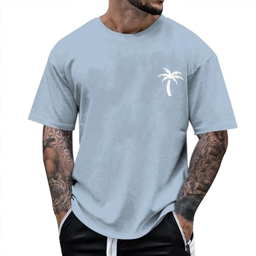 Oversized Tshirt Herren Kurzarm Rundhals Lose Sommer Oberteile Mode T-Shirt mit Los Angeles Palme Grafik T Shirts Vintage Drucken Streetwear Beiläufig Tee Shirt Tops Männer Sportshirts Hellblau XL
