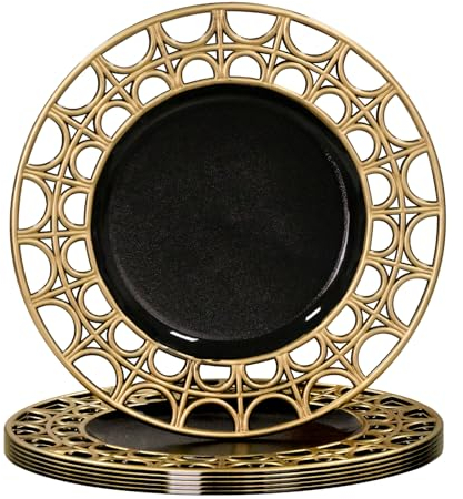 MAONAME Antique Charger Plates, 13 Round Chargers for Dinner Plates, Black Plate Chargers Set of 6, Plastic Charger Plates for Table Setting, Wedding Decoration