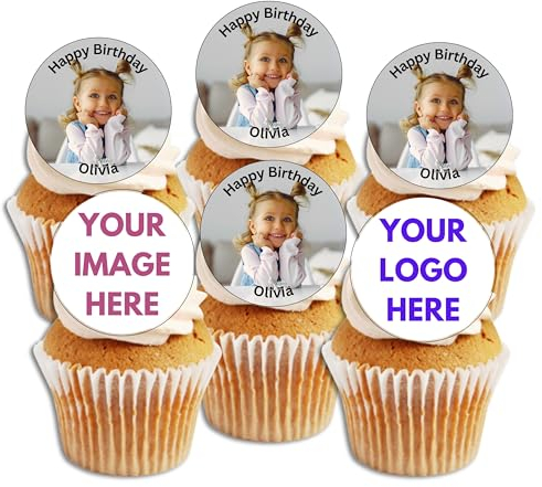 PRE-CUT Personalised Cupcake Toppers - Your Own Photo/Logo/Message Edible Premium Wafer - Custom Cake Topper for Birthdays - Ready to Use Personalized (24 x 1.5 Inch Discs)