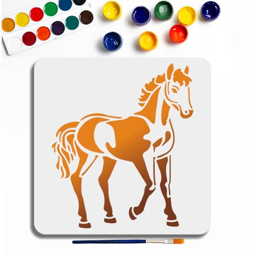 MAYJOYDIY Pferde Schablone 30×30cm Bauernhof Pony Malschablonen Mit Pinsel Wiederverwendbare Kleine Pferde Vorlage Zum Malen Für Handwerkskunst Auf Fenster Wand aus Holz Stoff Dekoration