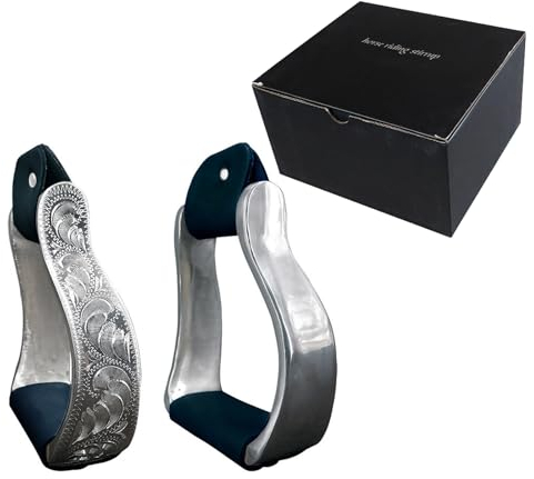 LKYLVEE Black,13cm, Horse Saddle Stirrups Western Aluminium Twisted Engraved Carved Aluminium Stirrups Western Cowboy Stirrup Wrap Genuine Leather