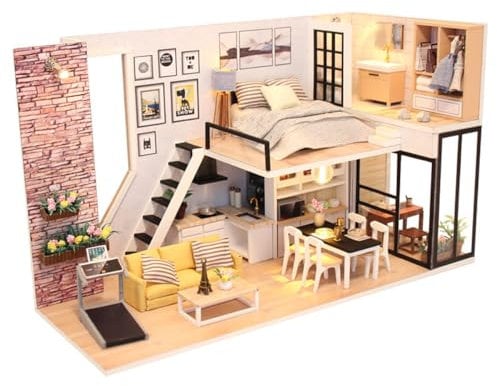Habarri - Miniatur Haus - DIY Set - Bastelset Erwachsene & Kinder ab 7 Jahren - Bezauberndes 3D Modell mit Licht - Modellbau 1:24 - Motiv Loft in Manhattan