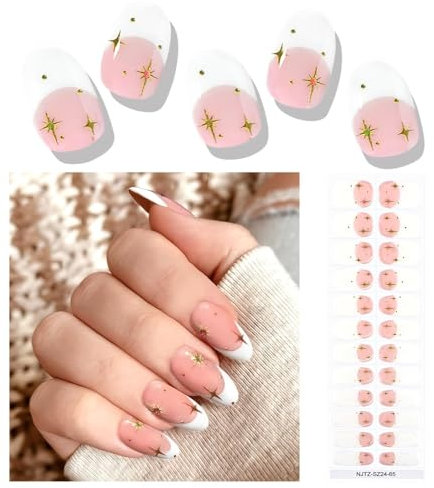 EBANKU Gel Nail Stickers Hand Nail Wraps Self Adhesive Semi Cured Gel Nail Strips for Hand Nail Art with Cuticle Stick, Nail File, Nail Wipes & Sealing(UV/LED Lamp Required) (French Star)