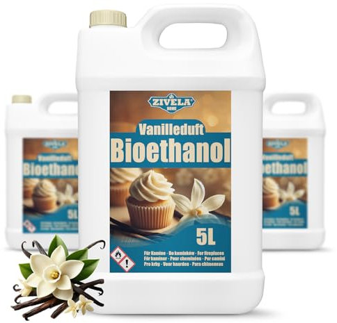 ZIVELA Bioethanol 96,6 % 15 l | Alcool bio parfum vanille 96,6 % 3 x 5 l | Cheminee au bioethanol | Parfum vanille | Combustion propre, sans fumee, flamme vive et stable