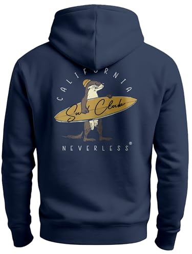 Neverless® Herren Hoodie Backprint California Surfing Print Otter mit Surfboard Grafik Kapuzen-Pullover Männer Fashion Streetstyle