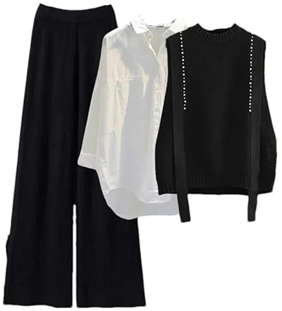Herbst Winter Gestrickte 3 Stück Set Büro Damen Elegante Gestrickte Weste + weiße Shirts + breite Bein Hosen Sets für Frauen