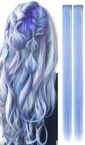 2 x Clip-In Hair Extension Highlights Streaks, Colourful Hair Highlights (Sky Blue x 2)