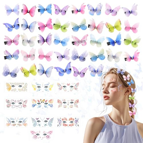 Shinybox 38 Stück Schmetterling Haarspange, 10 Stück Schmetterling Gesicht Aufkleber, 3D Snap Schmetterling-Haarclips und Aufkleber Glitzer, Schmetterling Glitzer Haarspange für Karneval Party