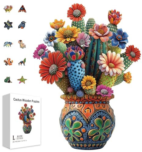GLOBLELAND 200 pièces Puzzle en Bois de Fleurs de Cactus pour Adultes et Enfants de Fleurs de Plantes Casse-tête en Bois de Formes Uniques Puzzles Colorées pour Cadeaux d'anniversaire Jeux de Famille