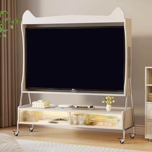 JIAOCKJIAO Blanco Móvil Soporte TV, Ajustable Soporte Móvil para TV, Soporte TV Suelo con Ruedas y Taquillas, Carrito de TV móvil con 4 Ruedas Universales, para Televisores de Menos De 55