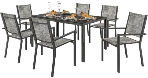 Outsunny Salon de Jardin Extérieur 7 Pièces Table 6 Chaises 150 cm Noir | Salon de Jardin Extérieur, Table en Verre, Chaises avec Accoudoirs Décoratifs, Mobilier de Jardin Acier, Terrasse et Jardin