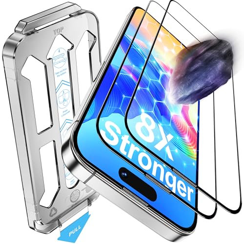 Tentoki Protector de Pantalla para iPhone 15/16 (6,1 ), Cristal Templado de 8 veces más fuerte [refuerzo secundario] [Una Instalación Rápida] [Sin Burbujas] [Alineación Automática] [2 piezas]