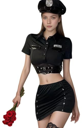 Damen Polizei Kostüm Sexy Kleid Polizistinnen Cosplay Outfit Cop Rollenspiel Uniform Button Down Crop Top und Netz Minirock Set PU Leder Gürtel Clubwear mit G-String für Mottoparty Karneval