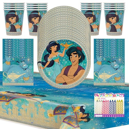 Aladdin Birthday Party Supplies for 16 Guests – Officially Licensed Party Pack with Dessert Plates, Napkins, Cups, Table Cover & Birthday Candles – Disney Princess Party Decorations