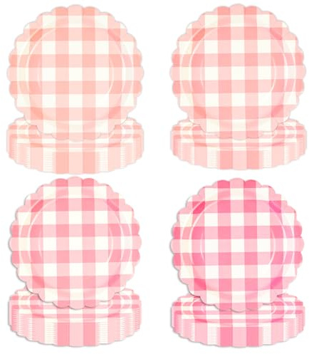 EVYIENEN Lot de 48 assiettes en carton festonnées rose poudré de 17,8 cm, assiettes de fête à carreaux vichy jetables décoratives pour fête prénatale, mariage, anniversaire, 4 couleurs