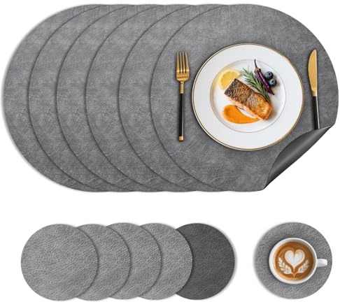Nymblis Placemats and Coasters Set of 6, Dual-Sided Table Mats, Round | Washable & Non-Slip, Wipeable and Waterproof, Heat Resistant, Grey