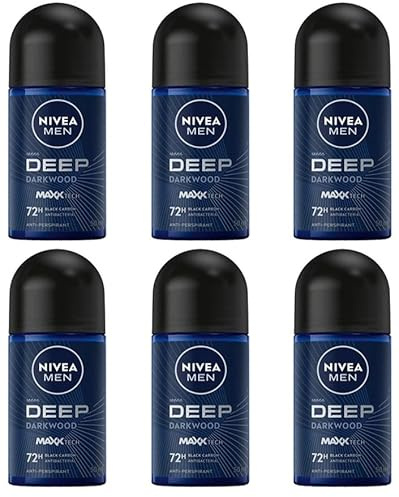 6x NIVEA MEN DEEP Roll-on Deodorant mit antibakterieller Formel mit Aktivkohle Anti-Atmungsaktiv für 72h intensive Frische Deodorant ohne Ethylalkohol,50ml (6er Pack)