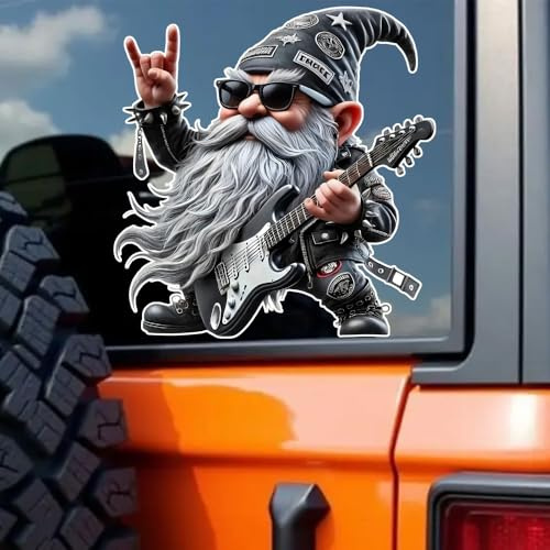 2 Stück 12,5 x 13 cm, lustiger, wasserfester Autoaufkleber „Rockin' Gnome“ aus Vinyl, dekoratives Zubehör für den Außenbereich, geeignet für Auto, Motorrad, Laptop, Lieferwagen, Fenster | #DZ146