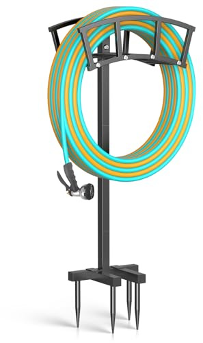 OLV Garden Hose Holder 4 Spikes, Heavy Duty Freestanding Water Hose Holder Stand Holds 150-ft Hoses, Detachable Outdoor Metal Storage Hanger Organizer Rack for Outside Yard Lawn Farm