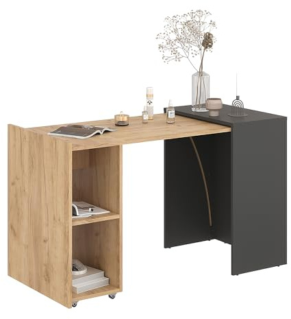 KOMTO Schreibtisch mit Stauraum Anthrazit/Honig Eiche – PC Tisch mit 2 Regal, Computertisch, Bürotisch, Klappschreibtisch für kleine Räume | Table FOLDY 128 x 60 x 75 cm