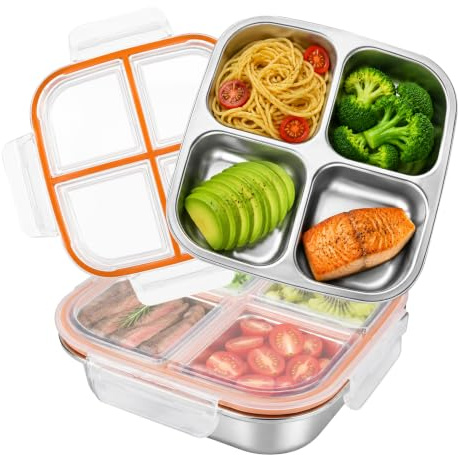 lompyeu 2 Stück Snackbox mit 4 Fächern, BPA-frei Snackbox Kinder, Brotdose Edelstahl für Schule, Arbeit & Camping (600ML)