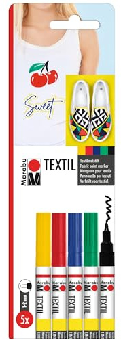 Marabu 0116000000080 - Textil Painter, Set Stoffmalstifte für helle Stoffe, auf Wasserbasis, Universalspitze mit Strichstärke 1 - 2 mm, Set mit 5 Stiften in gelb, rot, grün, blau und schwarz