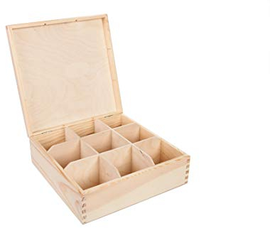 BAS Teebox aus natürlichem Kiefernholz - ca. 24 x 21 x 7,8 cm - Teekiste mit 9 Fächer und Deckel - Teebox - Teekasten - HolzBox - Unbehandelt - Tee-Organizer - Perfekte für Decoupage