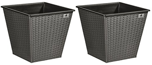 Gartenfreude 2 Stück 61 Liter Pflanzkübel Pflanzgefäße Blumenkübel Blumentopf für Blumen etc. aus Polyrattan 41,5 x 41,5 x 38 cm, wasserdichter Kunststofftopf, grau