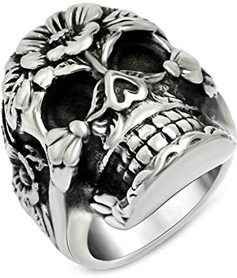 Beydodo Anneau Acier Large Homme Bague Tête De Mort Fleur Rose Vitnage Taille 54-74 Alliance Homme Large