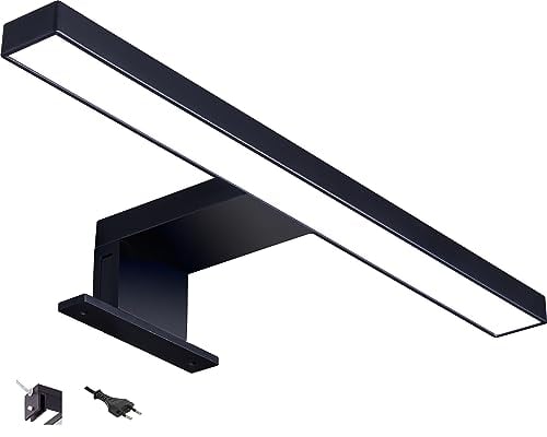 Lampe LED pour miroir de salle de bain avec prise - Noir mat - Applique murale - Éclairage d'armoire - Lampe à pince - 230 V - 220 lm - IP44 - 300 mm