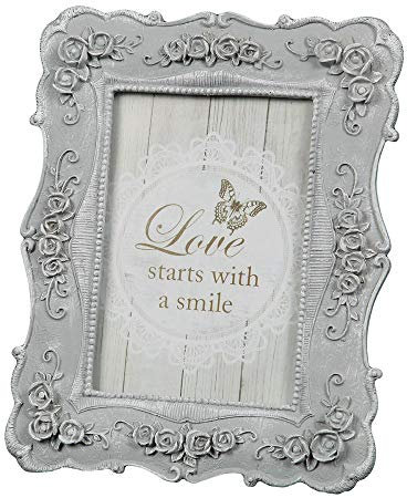 Vintage Home Nostalgie Fotorahmen Bilderrahmen aus Holz mit Glas Grau antik patiniert mit Ornamenten 18x14 cm Fotos 13x9cm