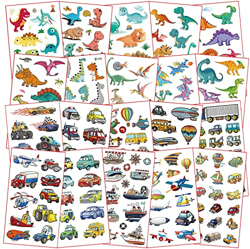 Tattoos für Kinder, Kleine Einschulung Geschenke Ideen Schultüte Füllung Inhalt Jungen, 20 Temporäre Tattoos Set Dinosaurier und Fahrzeuge, Kindertattoos Hautfreundlich für Mitgebsel Kindergeburtstag