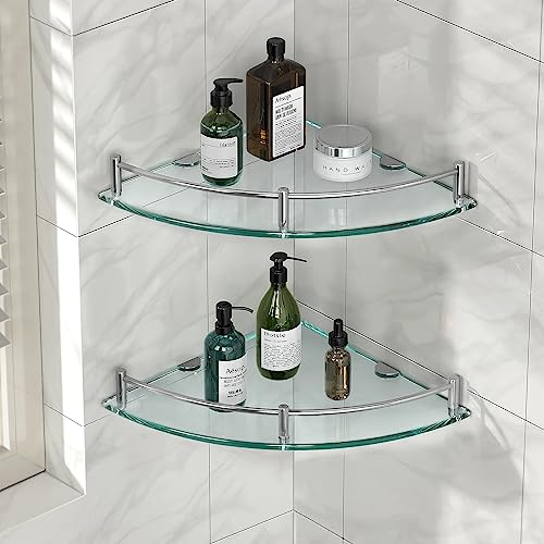 YorkHoMo Glas-Eckregale, gehärtetes Badezimmer, Eestantes para Baños mit Schiene, Wandmontage, Bohrloch für Eckdusche, 2 Stück (Silber)