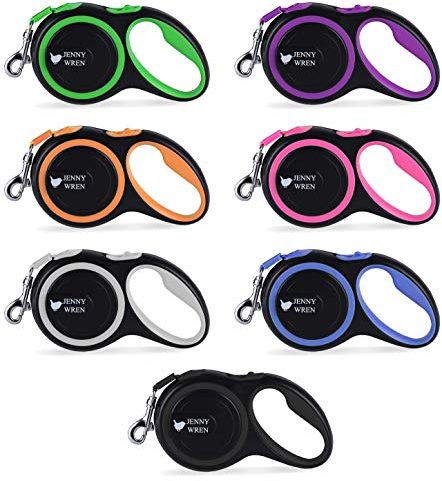 Jenny Wren Laisse rétractable pour chien avec poignée antidérapante - Ruban en nylon résistant - Frein, pause, verrouillage à une main - Sans nœud, 8 m - Orange réfléchissant
