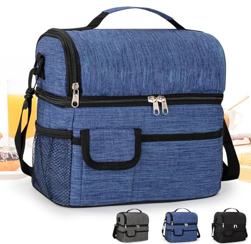 BalladHome Lunch Tasche 10L Kühltasche Isoliertasche Tragbar Doppel-Fächern Mittagessen Tasche Mit Verstellbarem Schultergurt für Frauen, Männer, Schulbüro (Bleu)-A