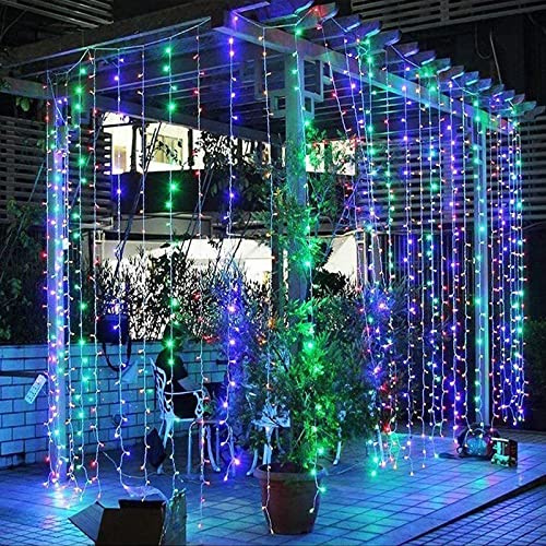 Solar Lichtervorhang Aussen,KINGCOO Wasserdicht 3x3M 300LED Vorhang Wasserfall Lichter Solar Lichterketten Fernbedienung Timer 8Modi für Innen Außen Gartendeko Balkon Hochzeit Weihnachten(Mehrfarbig)