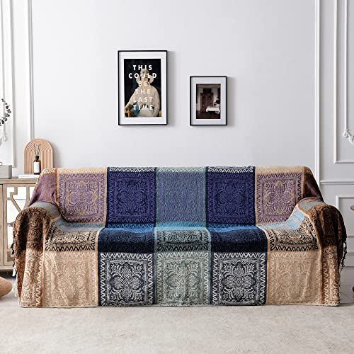 Edcooy Boho-Überwurfdecke, Chenille-Jacquard-Quasten, Überwurfdecken für Bett, Couch, Sofa, Stuhl, Bohemian-Dekor, Couchbezug (lila, Größe L: 213 x 253 cm)
