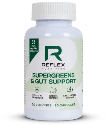 Reflex Nutition Supergreens & Gut Support - 33 Active Ingredients - Prebiotics, Probiotics, Vitamins & Minerals - Immune Support, Reduce Fatigue & Bloating - Vegan Gut Health Supplement (90 Capsules)