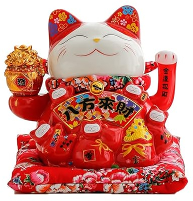 Maneki Neko à Bras Mobile, Chat Chinois Porte Bonheur en Porcelaine, Feng Shui Porte, Statuette en Céramique Décorer pour Le Bureau à Domicile et Le Magasin,Rouge,A