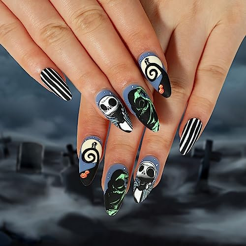 Ceboic 24 Stück Halloween Falsche Nägel Mandel Mittellang French Press on Nails Glossy Natürliche Kunstnägel Nägel Zum Aufkleben Full Cover Fingernägel Fake Nails für Frauen, Kürbis Geisterdruck