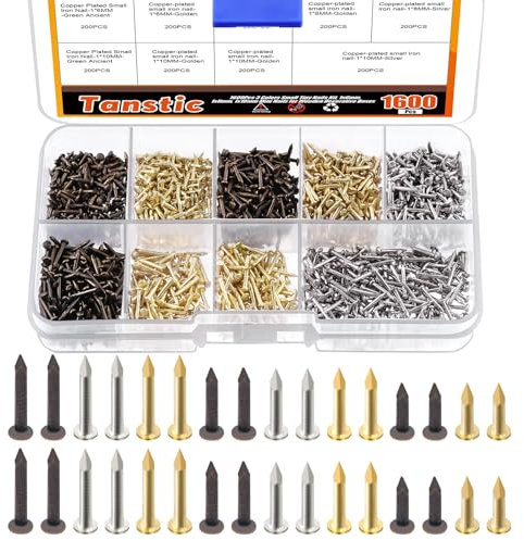 Tanstic 1600Pcs Small Tiny Nails Kit, 1x6mm, 1x8mm, 1x10mm Tiny Wooden Nails for Wooden DIY Decorative Pictures Mini Boxes Household Accessories (Gold/Bronze/Silver)