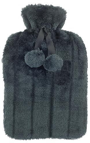 Olivia Rocco Plain Faux Fur Hot Water Bottle with Pom Poms Thermotherapy Hotwater Plush Fleece Bottles Winter Gift. Dark Teal